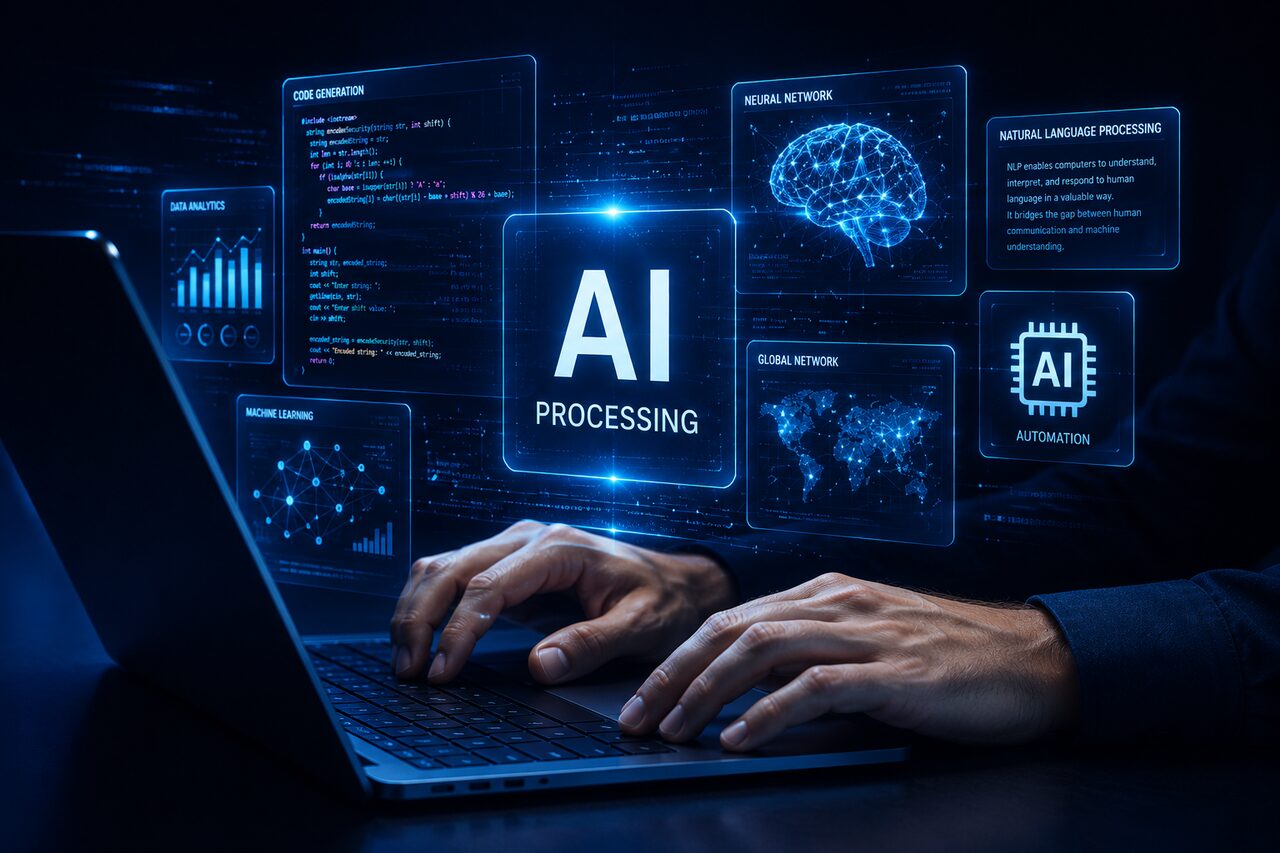 Engineer building AI processing and machine learning systems on a laptop
